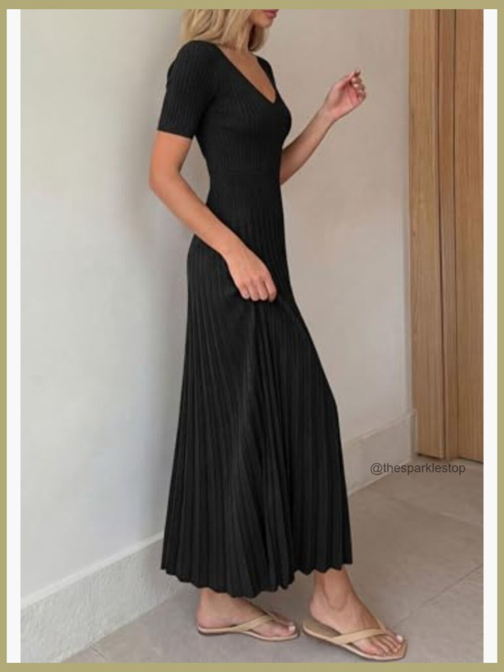V Neck Pleated Ribbed Knit Midi Sweater Dress A Line Short Sleeve - Picture 4 of 7